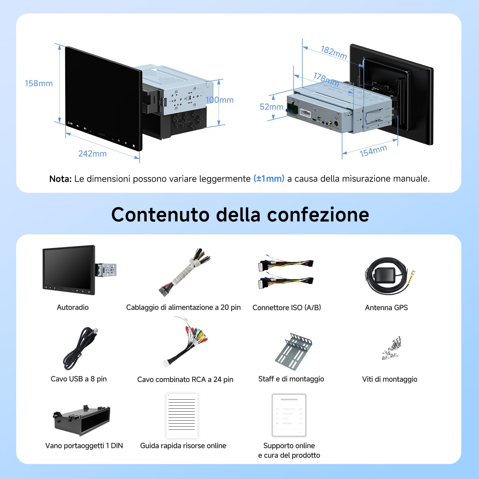 ATOTOZONE A5L Autoradio Android 10 Pollici Adattivo per 1DIN&2DIN, Schermo Futtuante, CarPlay e Android Auto Senza Fili, Tethering via WiFi/BT/USB, Mirrorlink, DSP/FM/RDS, GPS Navi, 2G+32G, A5LG110T