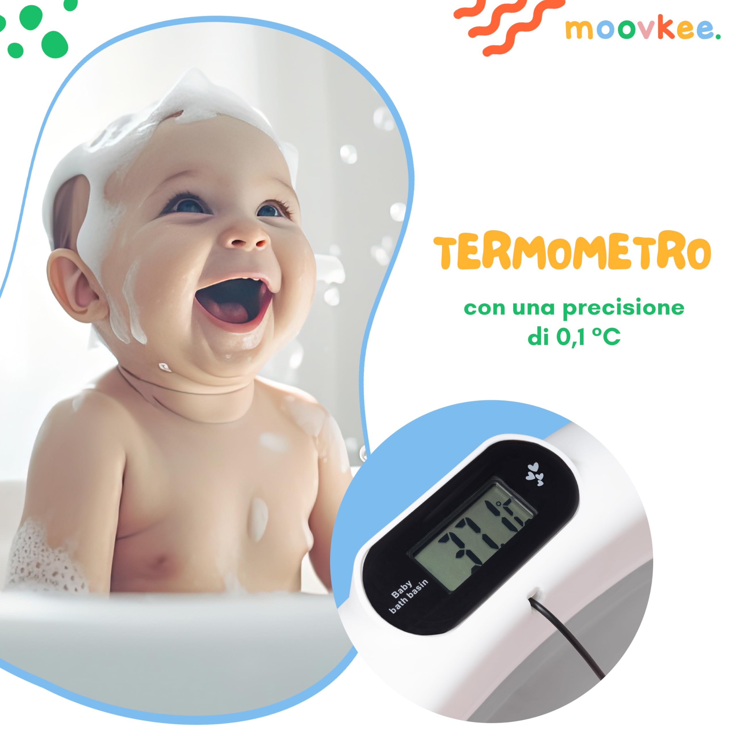Pieghevole Vaschetta Bagnetto Neonato con Supporto 80cm - Vasca da Bagno Bambini 1-3 Anni con Termometro Incorporato e Tubo di Scarico - Offri il massimo comfort al tuo bambino