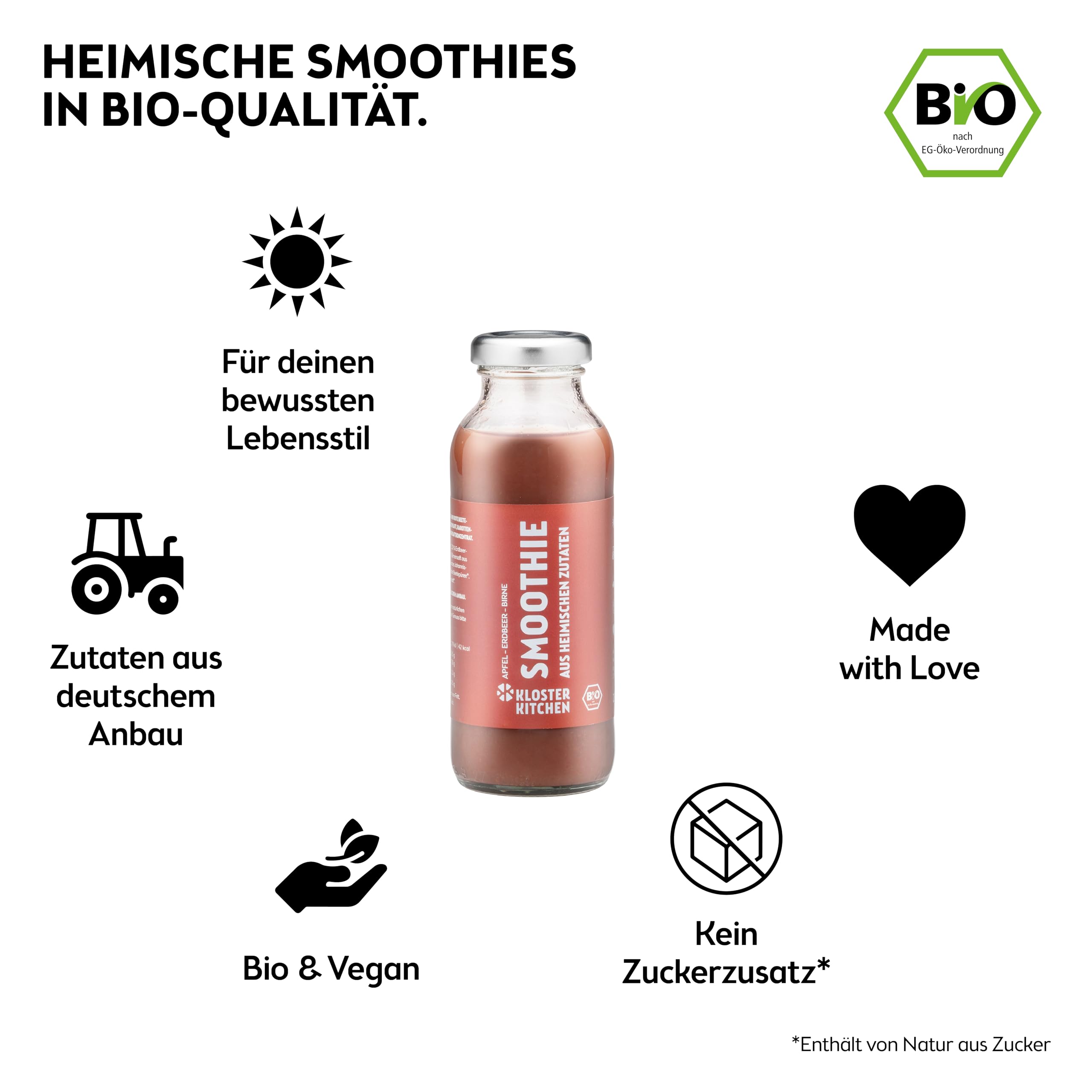 Kloster Kitchen Bio Smoothie Rot Apfel Birne Erdbeer 12x 250 ml I Superfood Frühstück vegan I To Go Glasflasche I Powerfood aus heimischen Zutaten