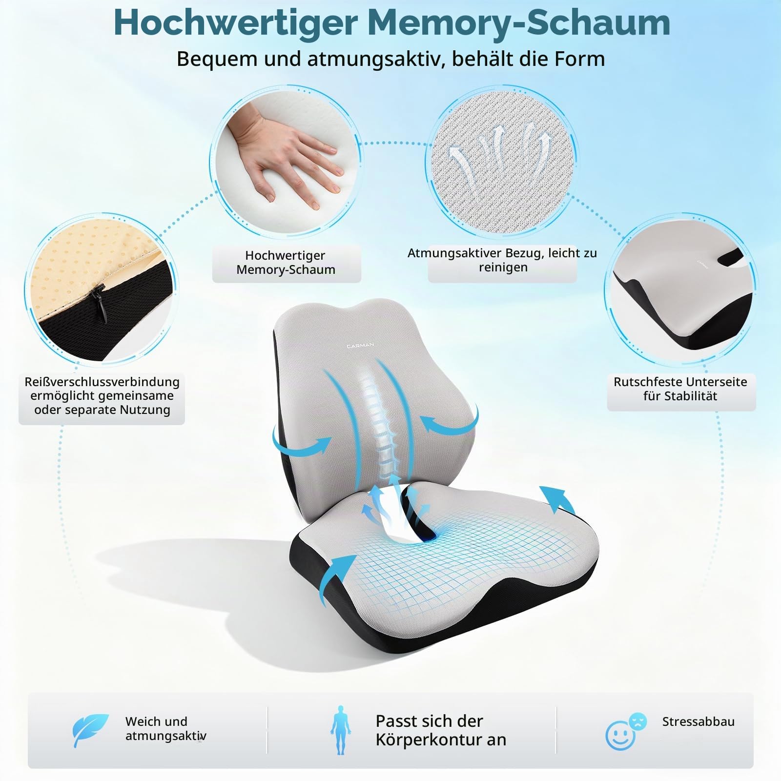 Sitzkissen und Rückenkissen, Orthopädisches Druckentlastungskissen für das Steißbein, Ergonomisches Steißbeinkissen, Memory Foam für Büro und Auto
