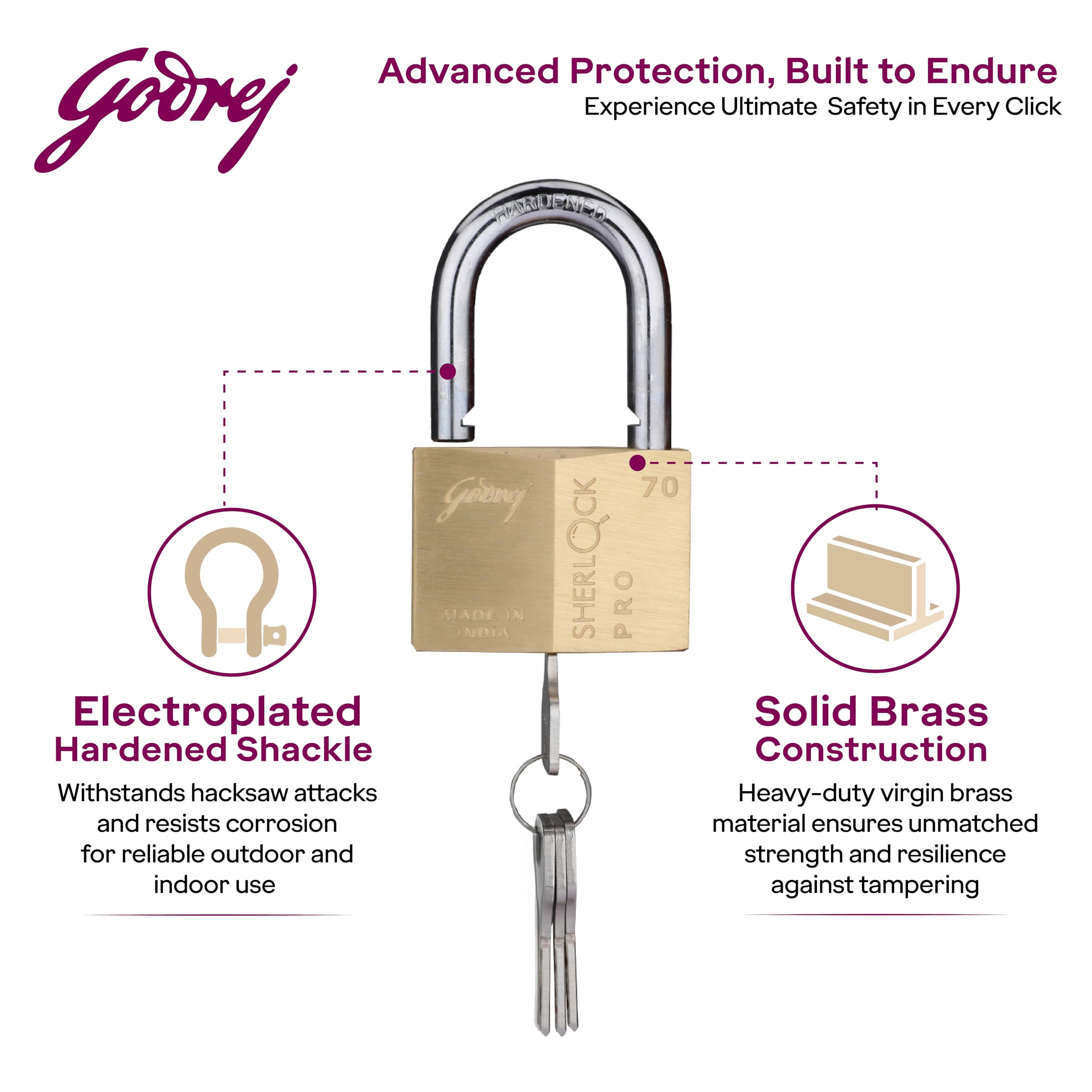 Godrej Locks | Sherlock Pro (70mm) Padlock | with 3 Keys | Premium Solid Brass Lock | Self-Locking Shackle | Double Locking | Rust-Resistant | Suitable for Doors | 1 Years Warranty — Amazon image 3