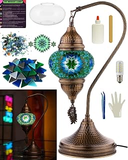 DEMMEX DIY Turkish Mosaic Lamp Making Kit – No Grout Needed – Fun, Easy, No Experience Required – Complete Mosaic Art & Craft Project Kit for Adults & Teens – Make Your Own Table Lamp (Turquoise)