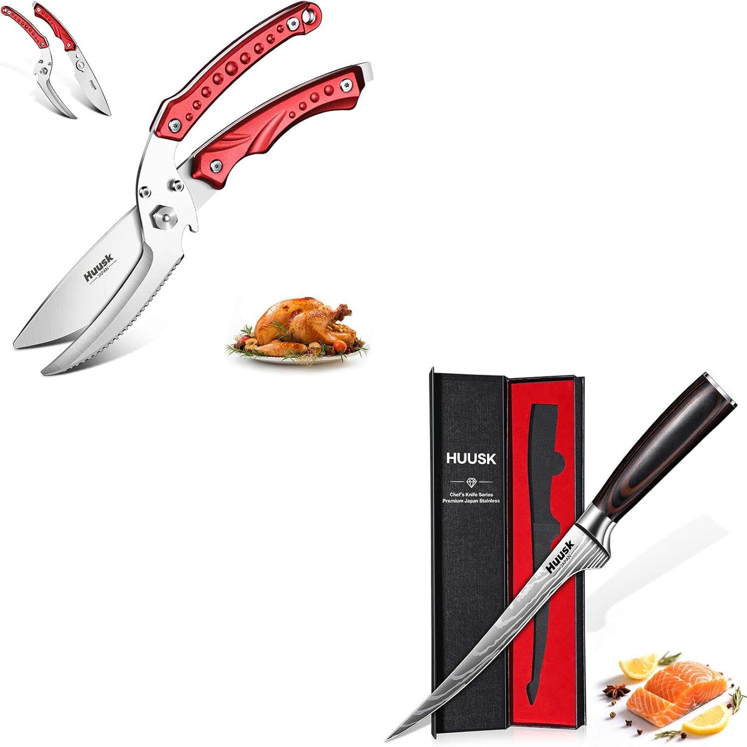 Huusk Filet Knife for Fish - 7 Inch Fish Fillet Knife Bundle with a Poultry Shears for Food,Flexible Boning Knives for Meat Cutting, Professional Japanese Fishing Knives for Meat Poultry Cutting