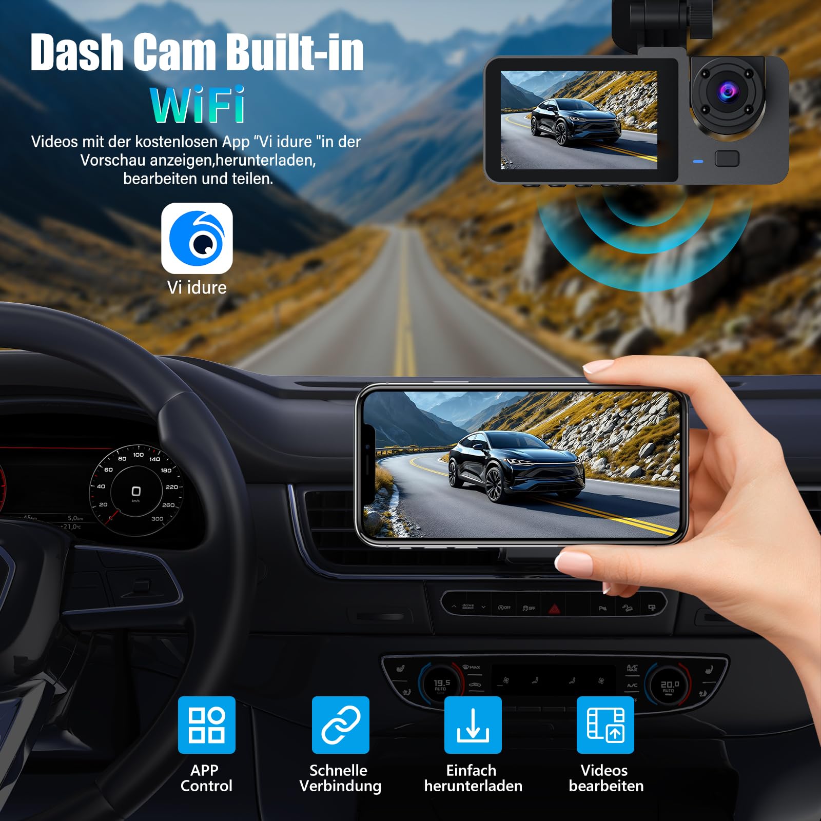 1080P Dashcam Voiture Avant Arrière Intérieur, avec Carte SD 32GB, Caméra de Voiture avec Surveillance de Stationnement, Détection de Mouvement, 170° Grand Angle 3 Canaux 24H (Version WiFi)