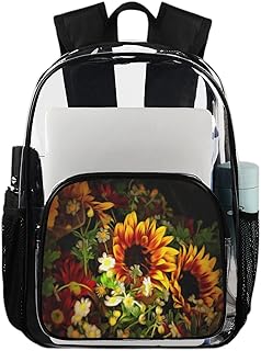 Mochila transparente girassóis para serviço pesado, mochila transparente impermeável com flores coloridas mochila transparente de PVC com alça de ombro reforçada para escola, trabalho, viagens, Multicor