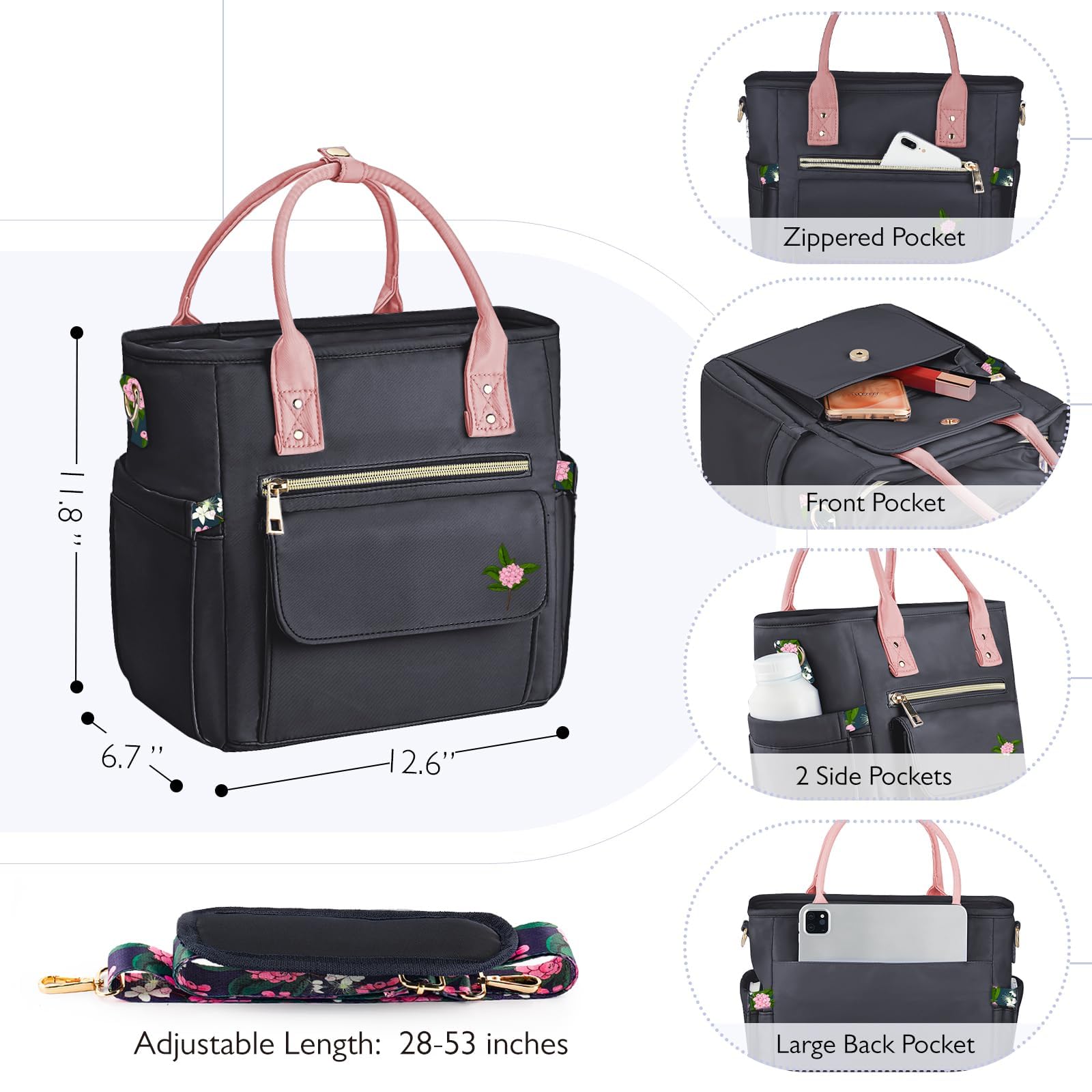 GLORIEROO Grande borsa per il pranzo da donna, a prova di perdite, isolata, idea regalo per donne, impermeabile, multi tasca, borsa per il pranzo con tracolla rimovibile per lavoropicnic, colore nero