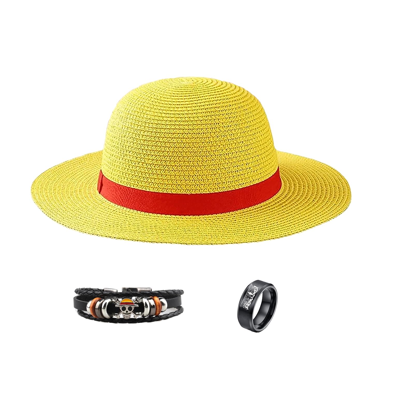 3Pcs One Piece Luffy Straw Hat Anime Cosplay Accessories Hat Performance  Animation Props Party Costume Beach Hats Bracelet Ring