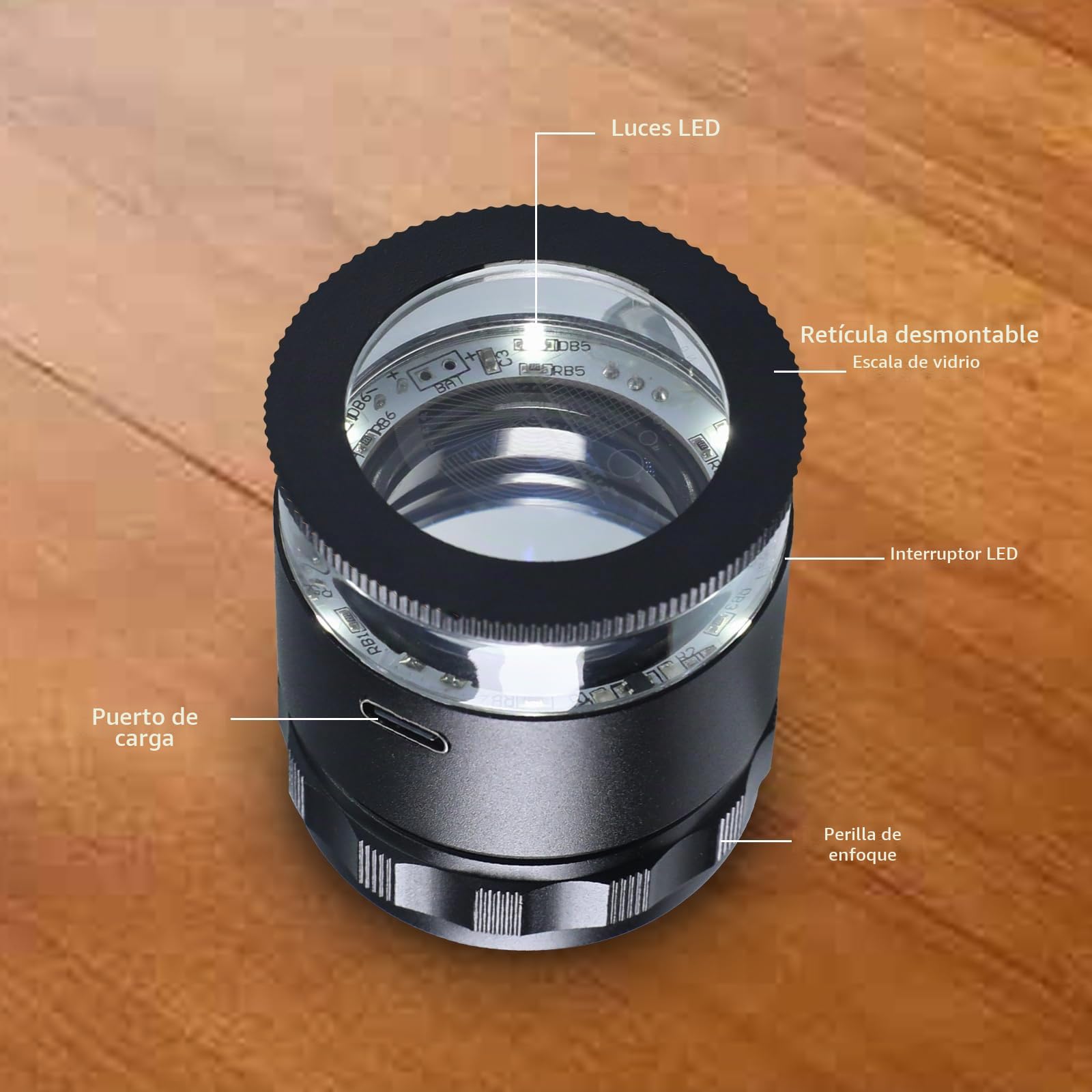 Lupa de Joyero 10x con 6 Luces LED y Escala de Vidrio de 3, Lupa Portátil y Recargable de 25 mm de Campo de Visión, para Joyería, Gemas, Monedas, Herramienta de Hobby
