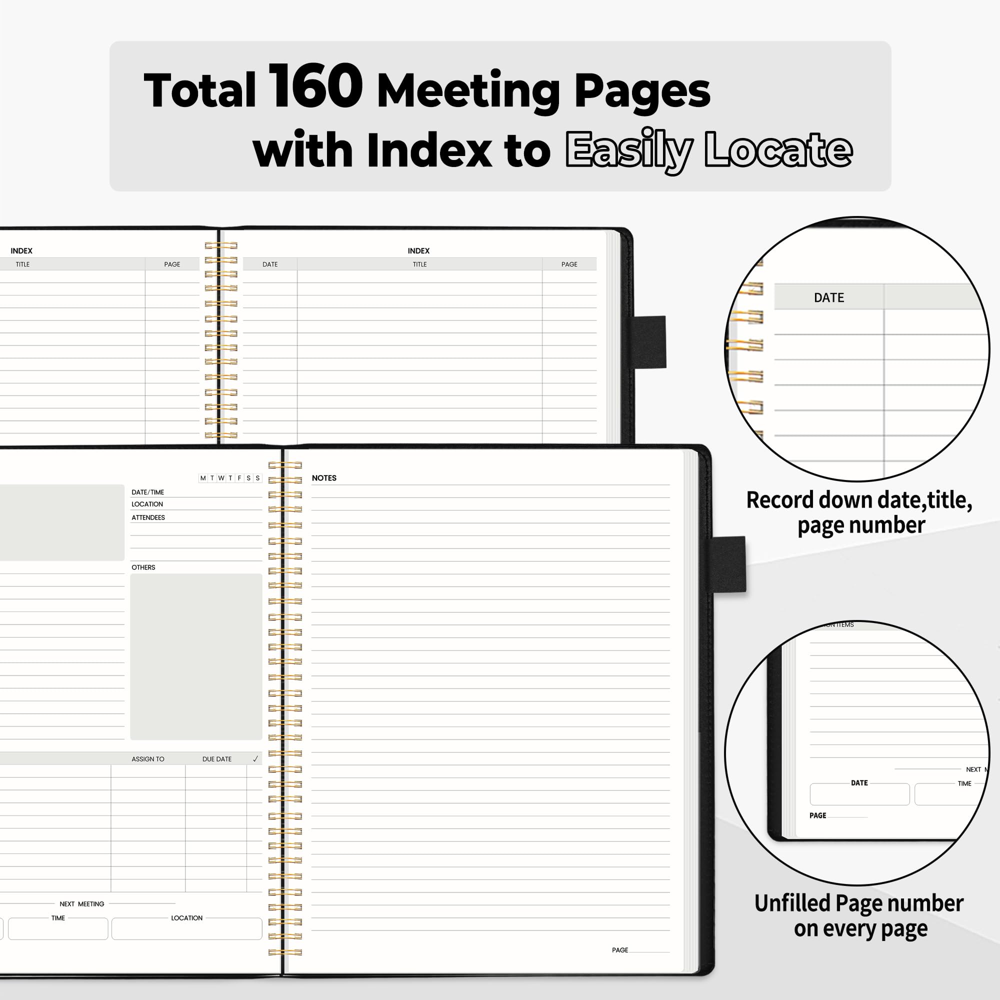 SUNEE Half Meeting Half Note - Taccuino professionale per lavoro, 21,6 x 28 cm, 160 pagine, formato B5, agenda a spirale per riunioni per donne e uomini, per prendere appunti, ufficio, con copertina