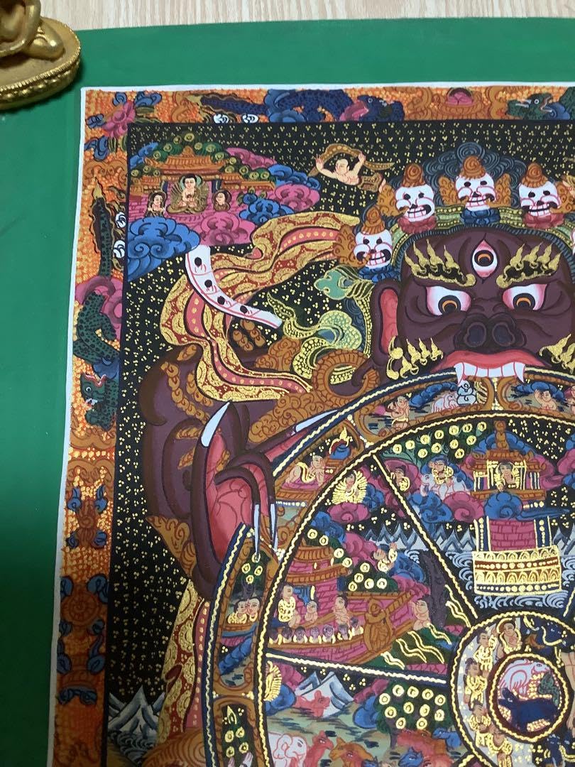 チベット密教　1点物 》 手描き　曼荼羅　タンカ　六道輪廻　仏教　密教 一点物〕タンカ - Wheel of existance 六道輪廻図[30cm x 40cm