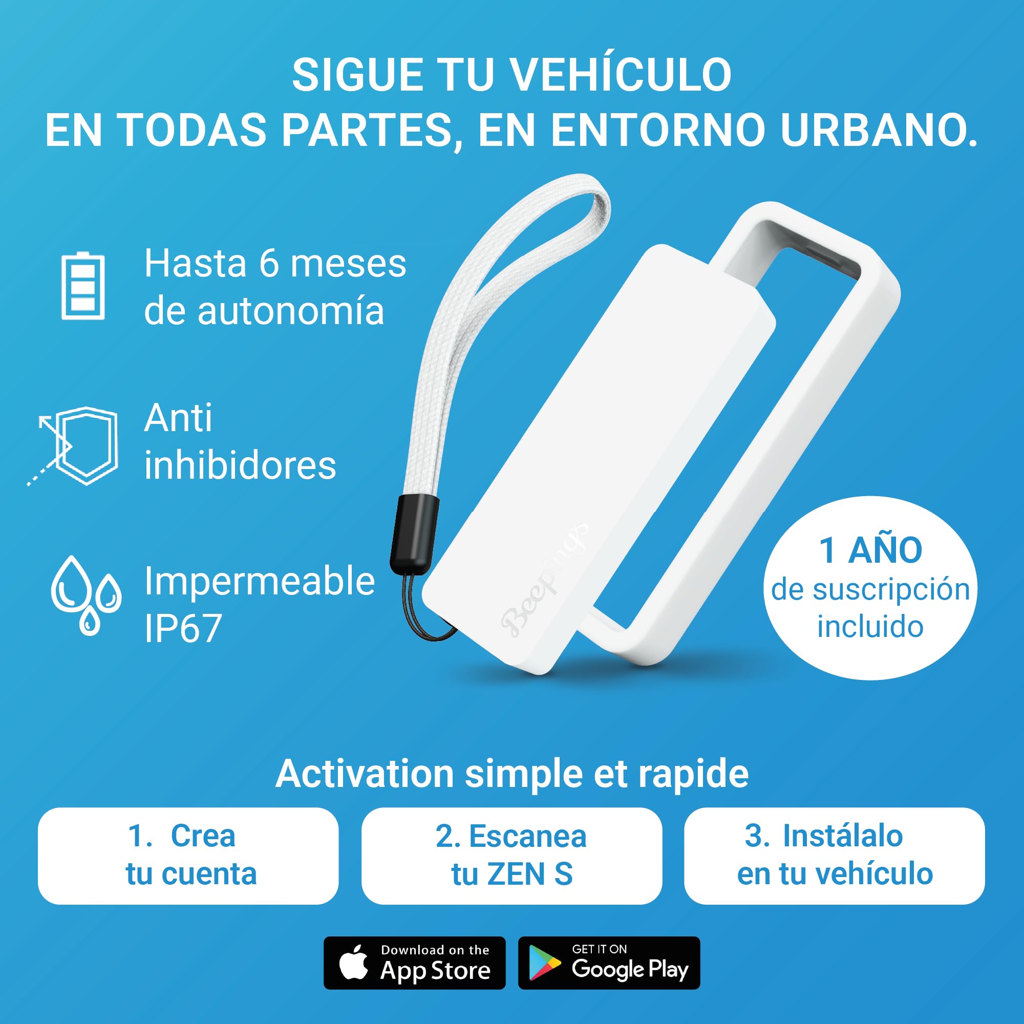 Rastreador GPS Zen S, No Inhibible, 1 Año de Suscripción Incluido, Bolso, Patinete, Moto, Coche, Alertas Antirrobo, hasta 6 Meses de Batería, Sin Tarjeta SIM - Impermeable, Ideal en entornos urbanos