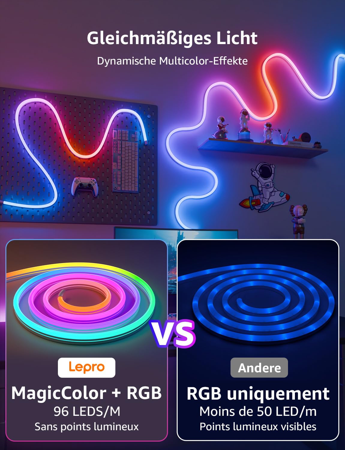 Lepro Neon AI LED Strip 6m, RGB LED Streifen mit App-, Musik- und Sprachsteuerung, kompatibel mit Alexa & Google Assistant, für Wohnzimmer, Gaming, Party, Wanddeko, Personalisierter KI-Lichtdesigner