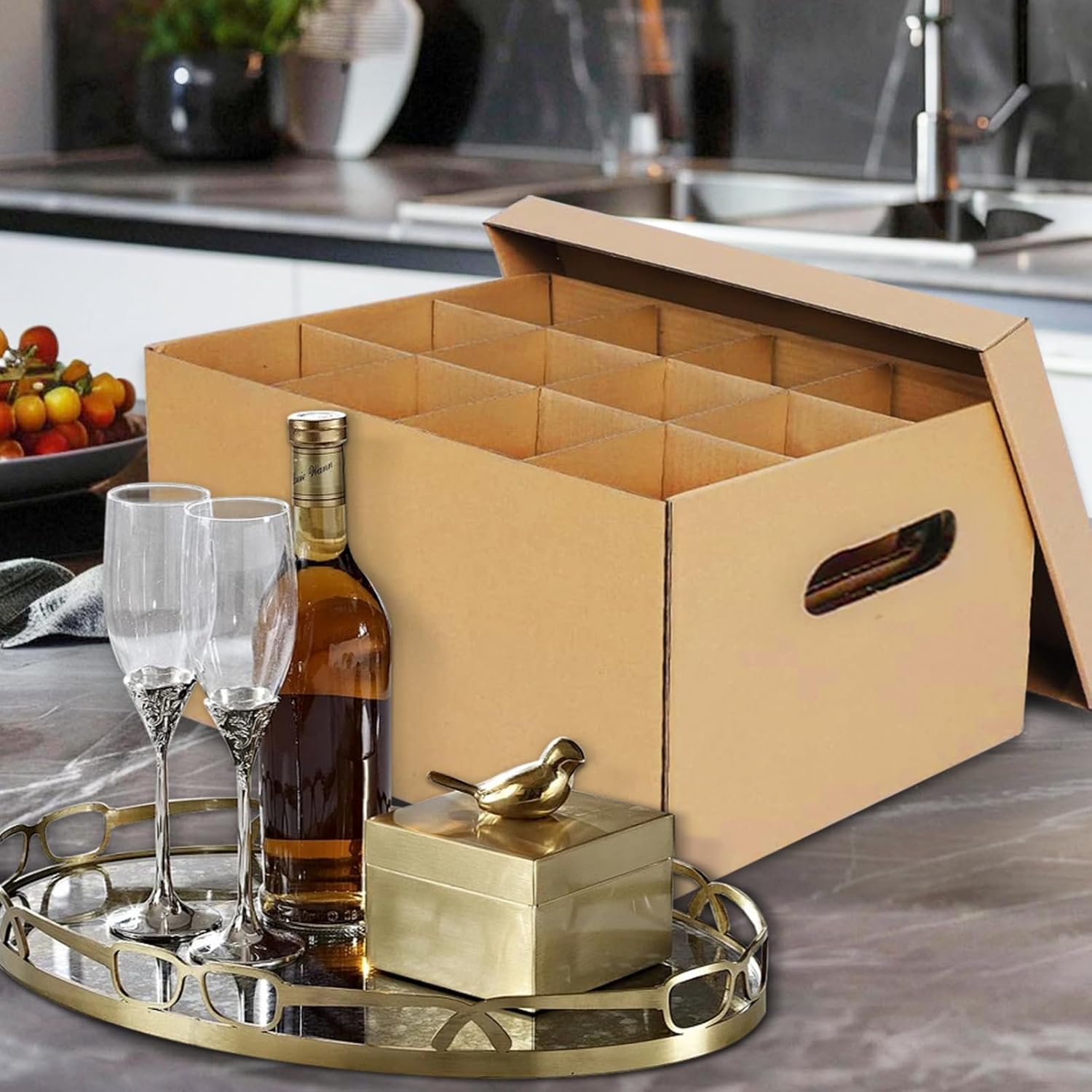 2 Pack Wine Glass & Dish Moving Boxes with Handles & Lids, Glass Packing Boxes, Kitchen Storage Kit for Glassware & Dishware (Brown, 15 x 12 x 10 Inches)