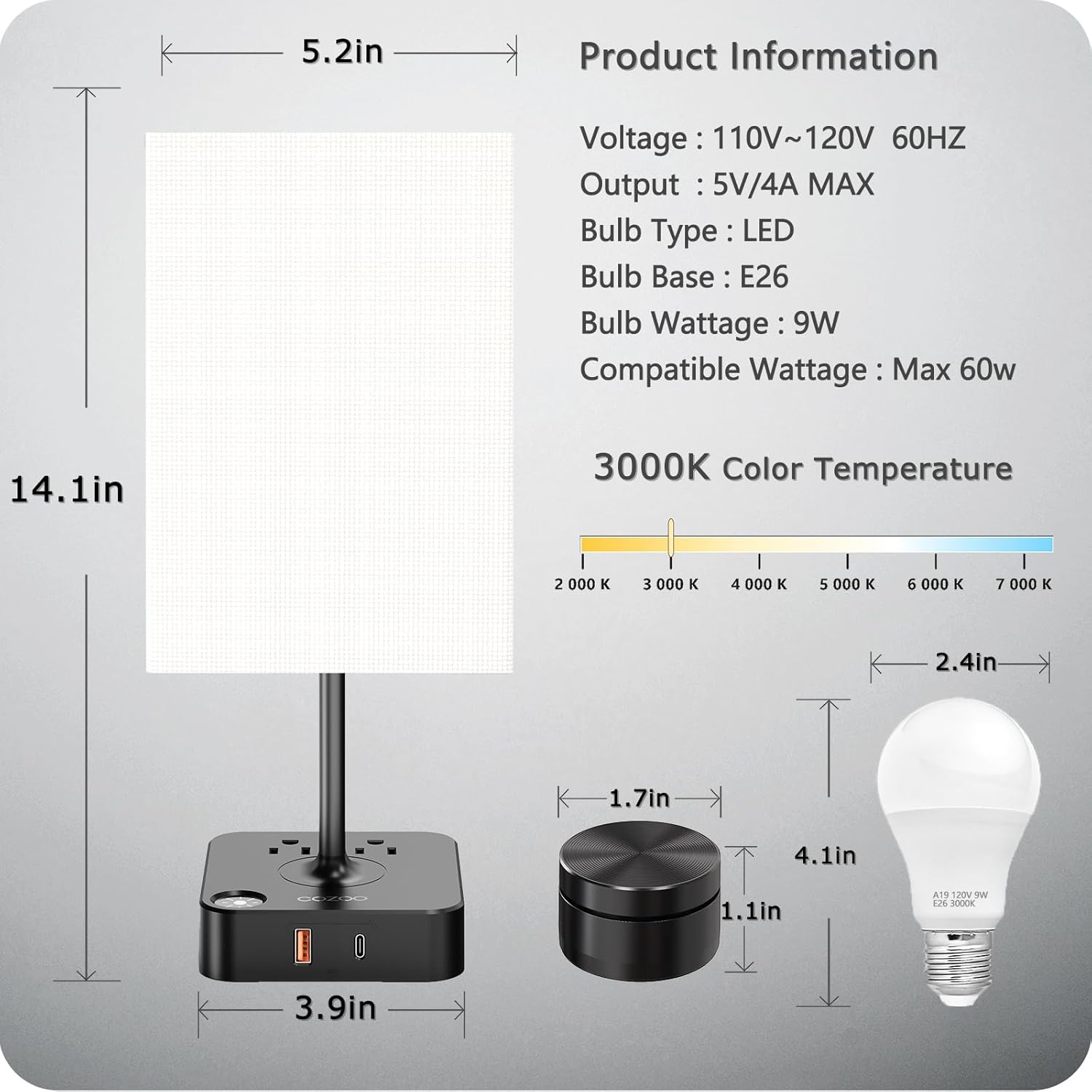 COZOO Bedroom Table Lamp with Remote Operation Control,Dimmable Bedside Table Desk Lamp with USB C+A Charging Ports 2 AC Outlets,Nightstand Lamp White Shade Lamp for Living Room,Dorm,Home Office,Decor