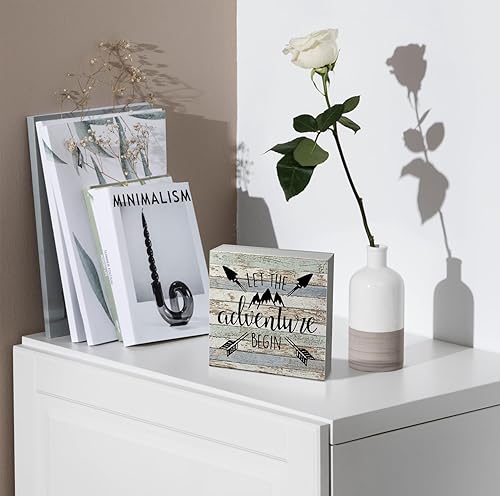 Miniatura 2 de kunlisa Letrero de madera con texto en inglés "Let The Adventure Begin Camping", decoración de escritorio, caja de madera rústica, caja de placa