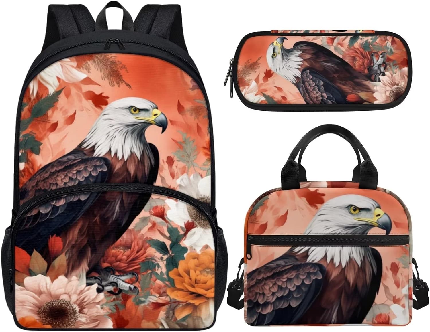 AmzPrint American Eagle Backpack And Lunch Box School Backpack With Lunch Box,Lightweight Bookbag Set For Girls Kids