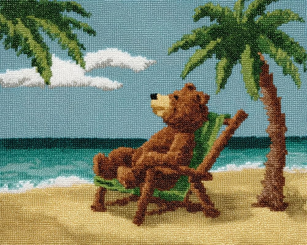 Latch Hook Rug Kit For Adults Bear Sitting On A Beach Chair Diy Craft Rug Making Kit Set Tapestry Cushion Knitting Patterns Printed Mesh Mat Canvas Wool Yarn Fabric Decorations Home Gift 39X55In