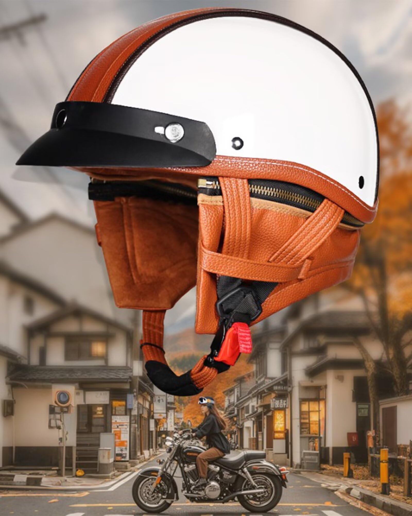Casco Moto Retrò,casco scooter omo,Caschi per Scooter Anni '60 - Modello 3/4 in Vera Pelle con Visiera, Certificato DOT/ECE - Stile Retrò Chiuso/Aperto - Unisex Uomo e Donna