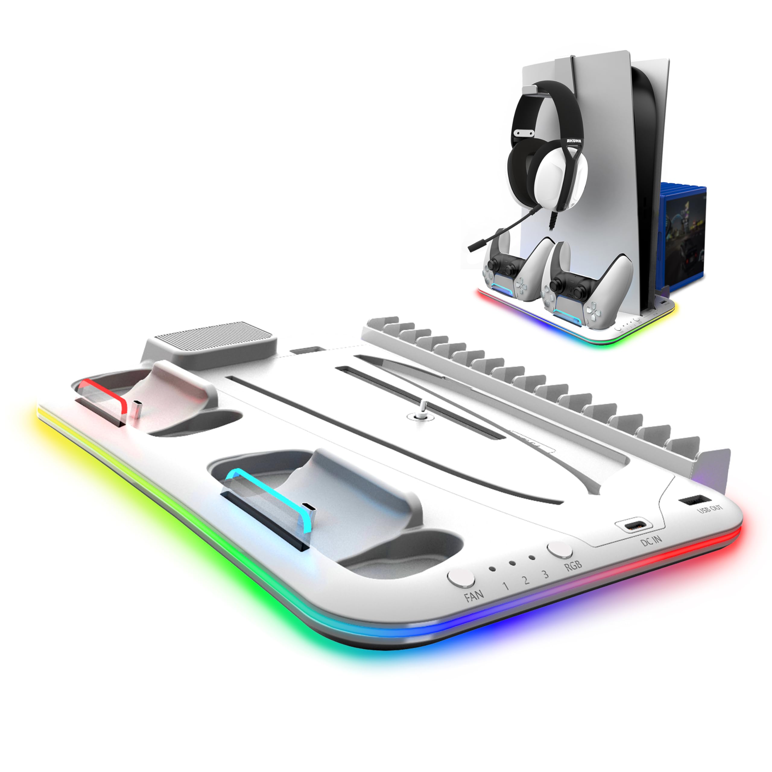 AKUMA Cyber A01 – Support Multifonction PS5/PS5 Slim/PS5 Pro – Ventilateur Turbo 3 Vitesses, Chargeur 2 Manettes, RGB 9 Couleurs, Rangement 15 Jeux, Support Casque, Port USB A
