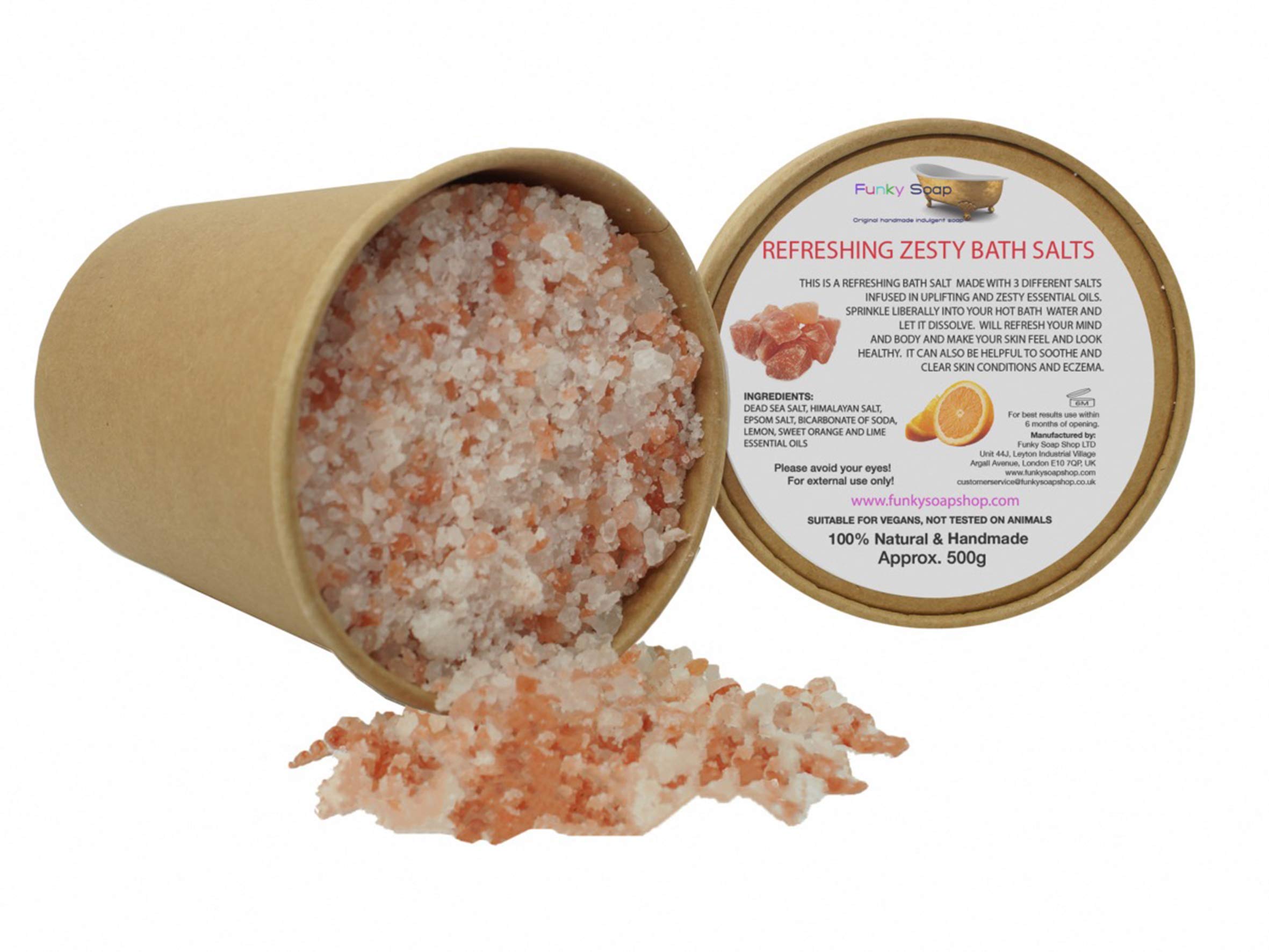 Handcrafted Refreshing and Zesty Bath Salts, Plastic Free Kraft Paper Tub of 500g