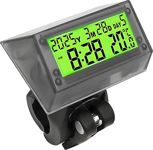 Solar Powered LCD Clock - Waterproof Shockproof Car Multifunctional Digital Clock with Time, Date, Week, Temperature,Handle Bracket for for Car Motorcycle Bicycle Green Light
