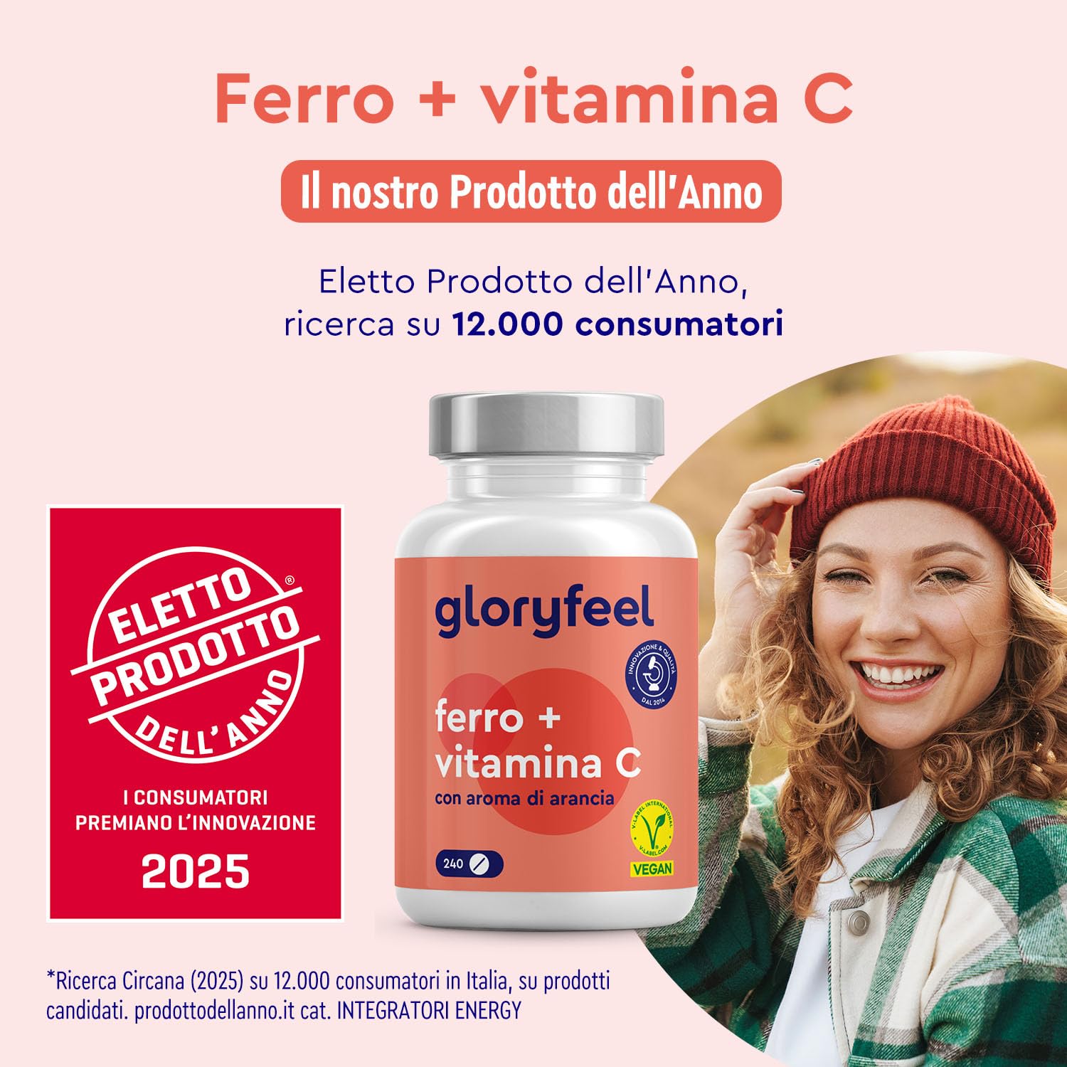 Ferro Integratore 20mg + Vitamina C, 240 Compresse, Eletto PRODOTTO DELL'ANNO 2025, Ferro Integratore per Anemia, Mestruazioni e Stanchezza Fisica, Alta Biodisponibilità, Ricostituente Sangue, Vegan
