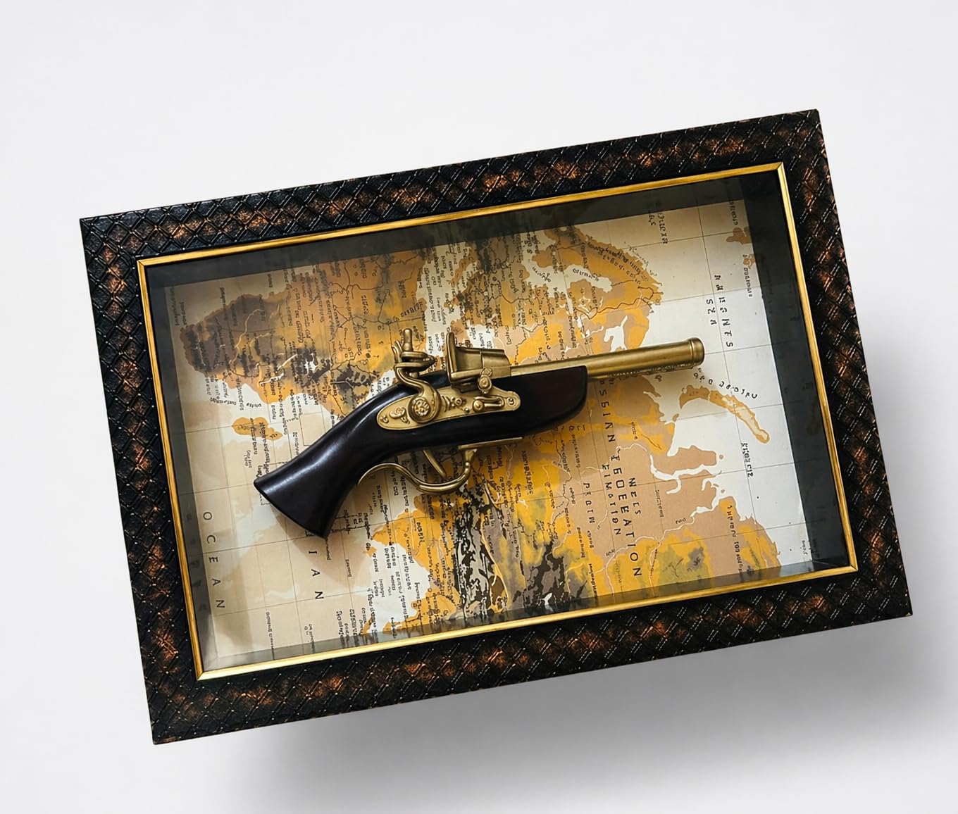 Antique Flintlock Pistol Replica Shadow Box Photo Frame, Vintage World Map Background, Wall Mount or Desk Display-image-46