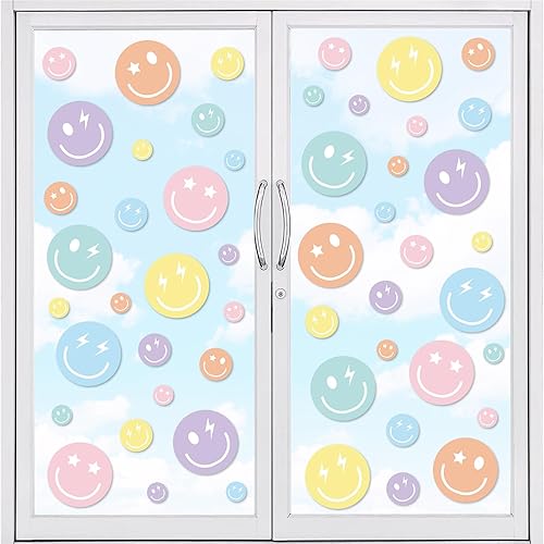 Whaline 9 hojas de calcomanías reutilizables de doble cara para ventana de regreso a clases, cara sonriente, pastel, para decoración de ventanas,