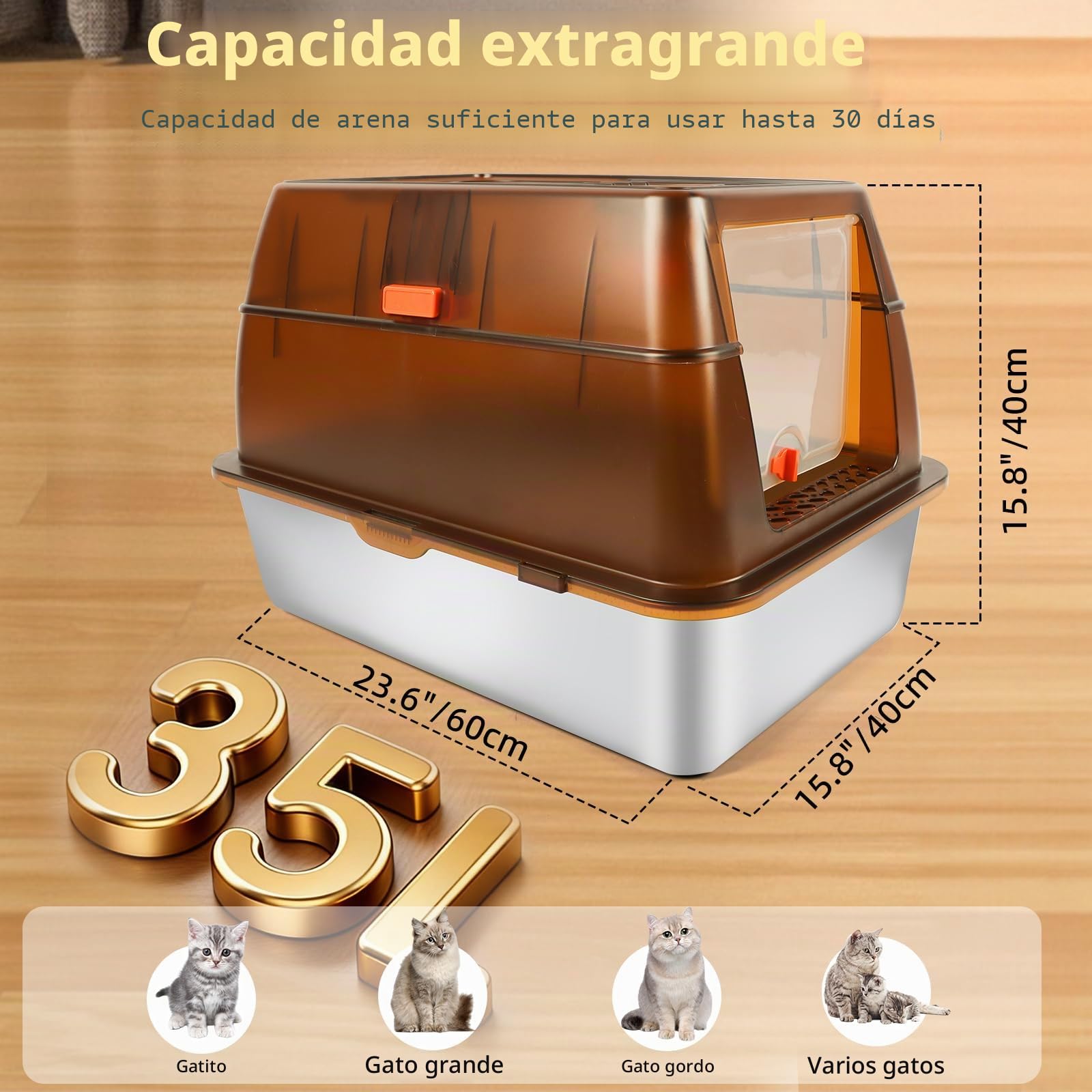 Caja de arena cerrada de acero inoxidable para gatos con tapa, caja de arena extra grande para gatos grandes, bandeja de arena de metal con lados altos con cuchara, control de olores
