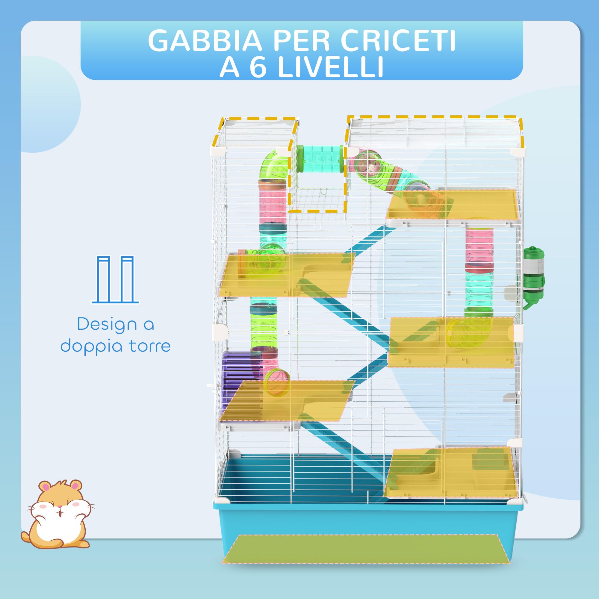 PawHut Gabbia per Criceti a 6 Livelli con Tubi, Casetta, Bottiglia d'acqua, Rampe, Ciotola, Piattaforme, 2 Porte e Ruota, Gabbietta per Roditori e Gerbilli, in Metallo, PP e PS, 58x36x81 cm, Azzurro