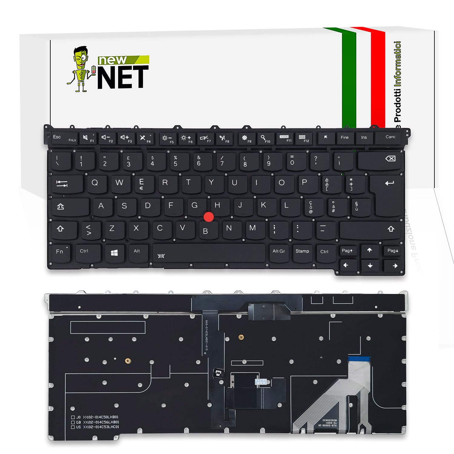 new net - Tastiera compatibile con Lenovo ThinkPad X1 Carbon Gen 3 (Type 20BS, 20BT) [Senza frame - colore tasti Nero - Trackpoint - Retroilluminata - Layout ITA]
