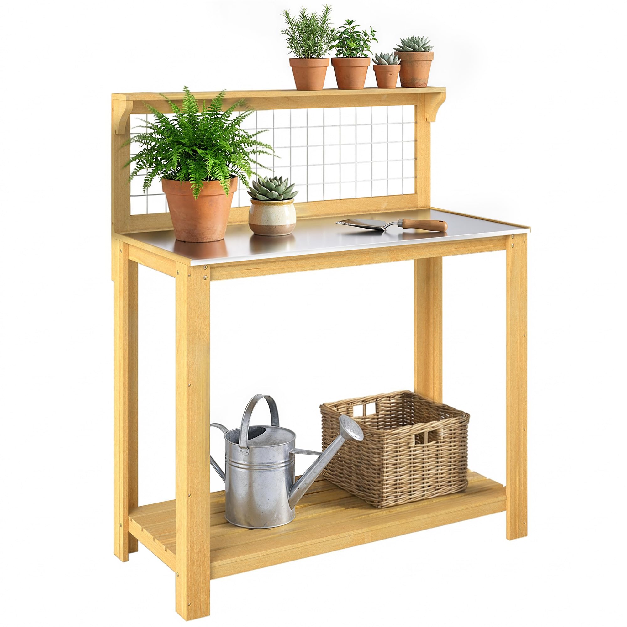 Outsunny Wooden Potting Bench Table with Aluminium Worktop, Outdoor Garden Workbench with Grid Design and 2 Shelves for DIY, Planting Work Station for Patio, Garden, 100 x 48 x 119 cm, Yellow
