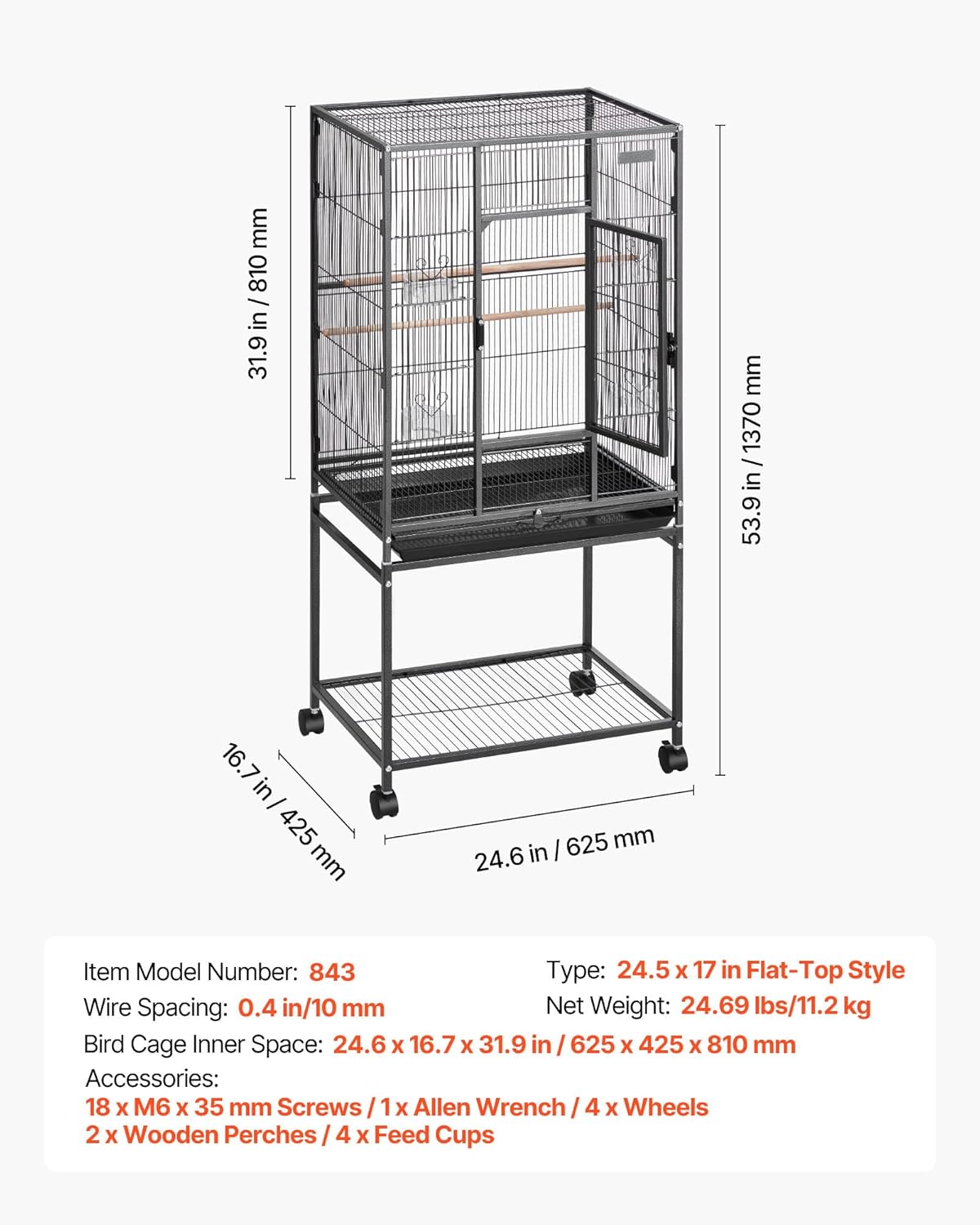 VEVOR Bird Cage, 24.6 x 16.7 x 53.9 inch, Flat Top, Wrought Iron Bird Flight Cage with Perches, Slide-Out Tray and Plastic Feeders, Casters, for Parrot, Blue Tit, Cockatiel, Canary, Budgerigar, Conure
