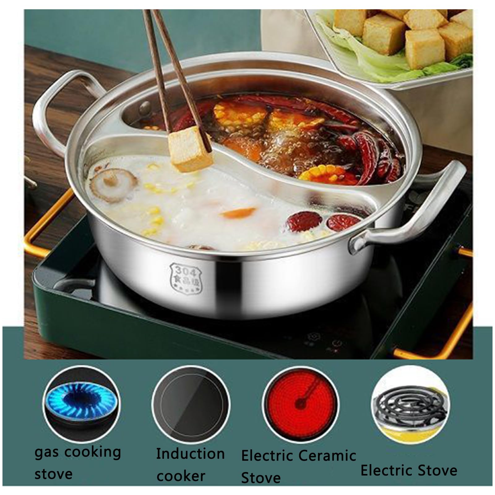 Pentola Cinese Hot Pot A Doppio Sapore In Acciaio Inox - Divisoria Per Due Tipi Di Brodo, Con Coperchio, 34x34x10 Cm
