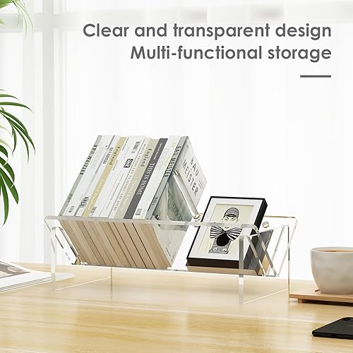 Miniatura 3 de RekRang Estantería de escritorio de acrílico, estantería de escritorio pequeña, organizador transparente para oficina en casa, escuela, estante de