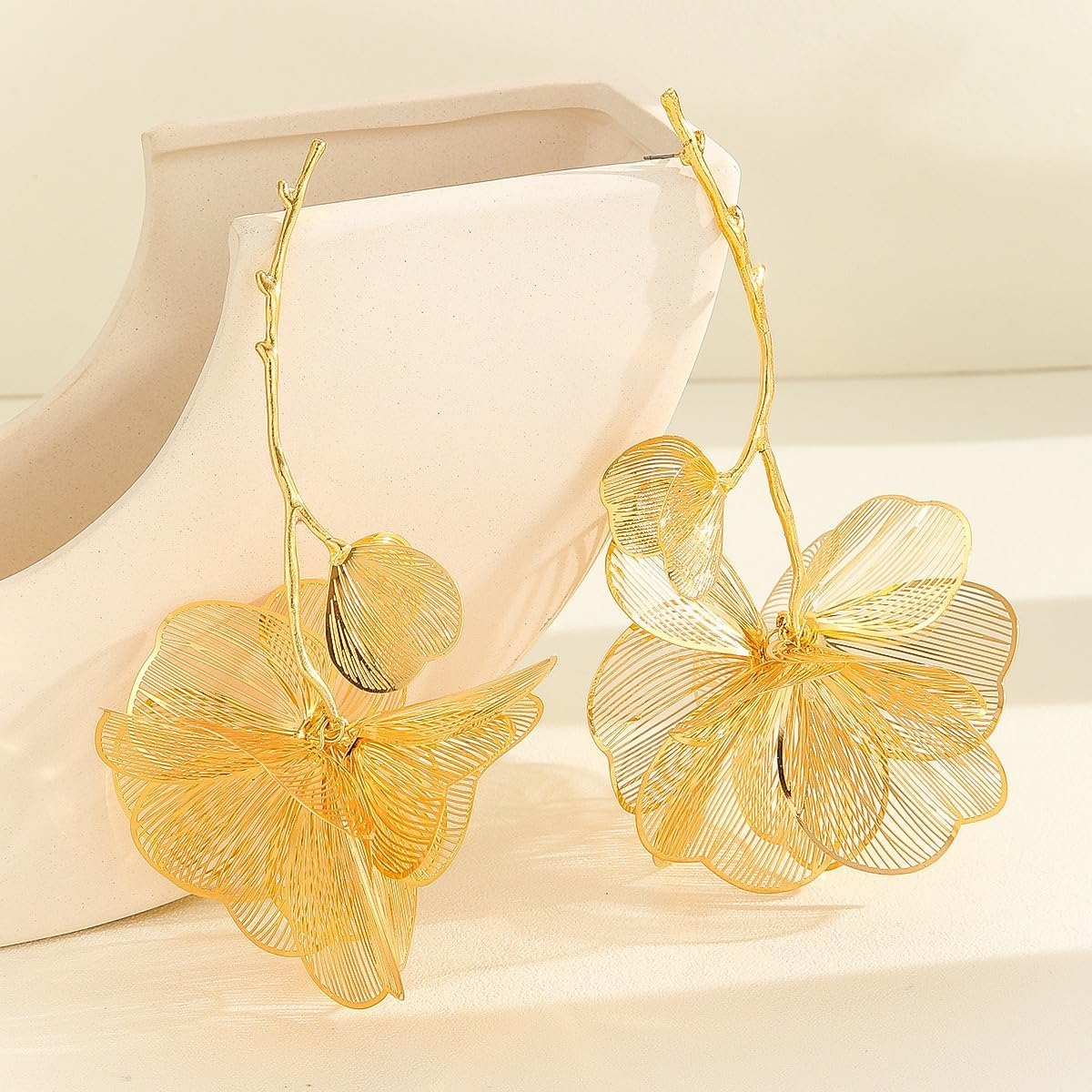 Large Long Gold Plated Flower Tassel Drop Dangle Earrings for Women Unisex Exaggerated Statement Floral Metal Boho Earrings Trendy Fashion Plant Earrings Chic Jewelry - Image 4