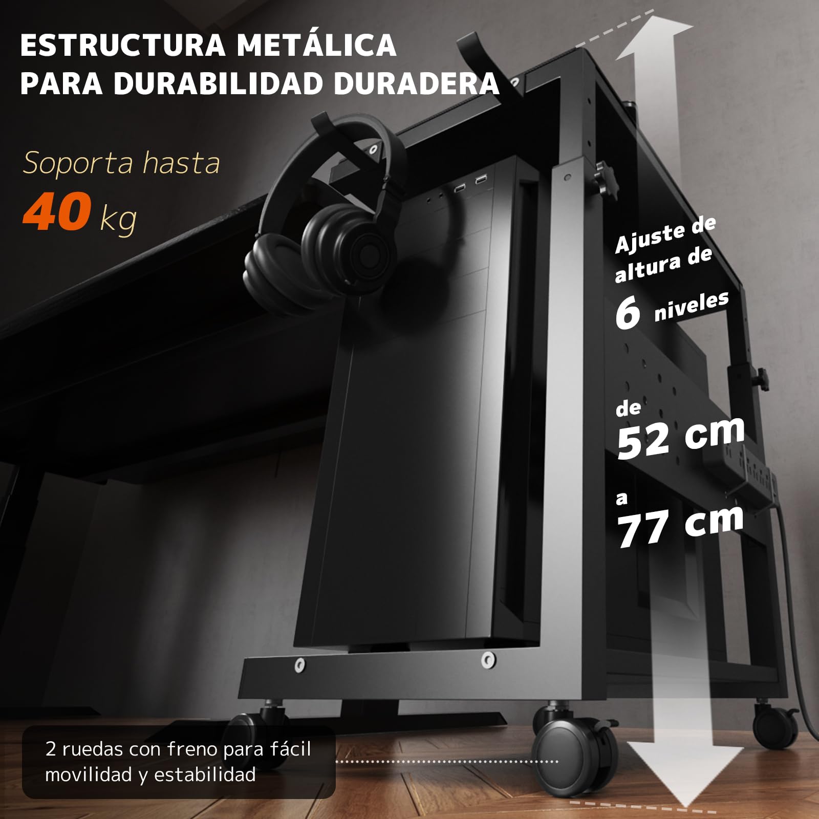 Soporte Torre PC Altura Ajustable 2 Niveles, con Ruedas y Alfombrilla, para Carcasas ATX hasta 40kg/Nivel, Soporte bajo Escritorio para Ordenador e Impresora, Negro