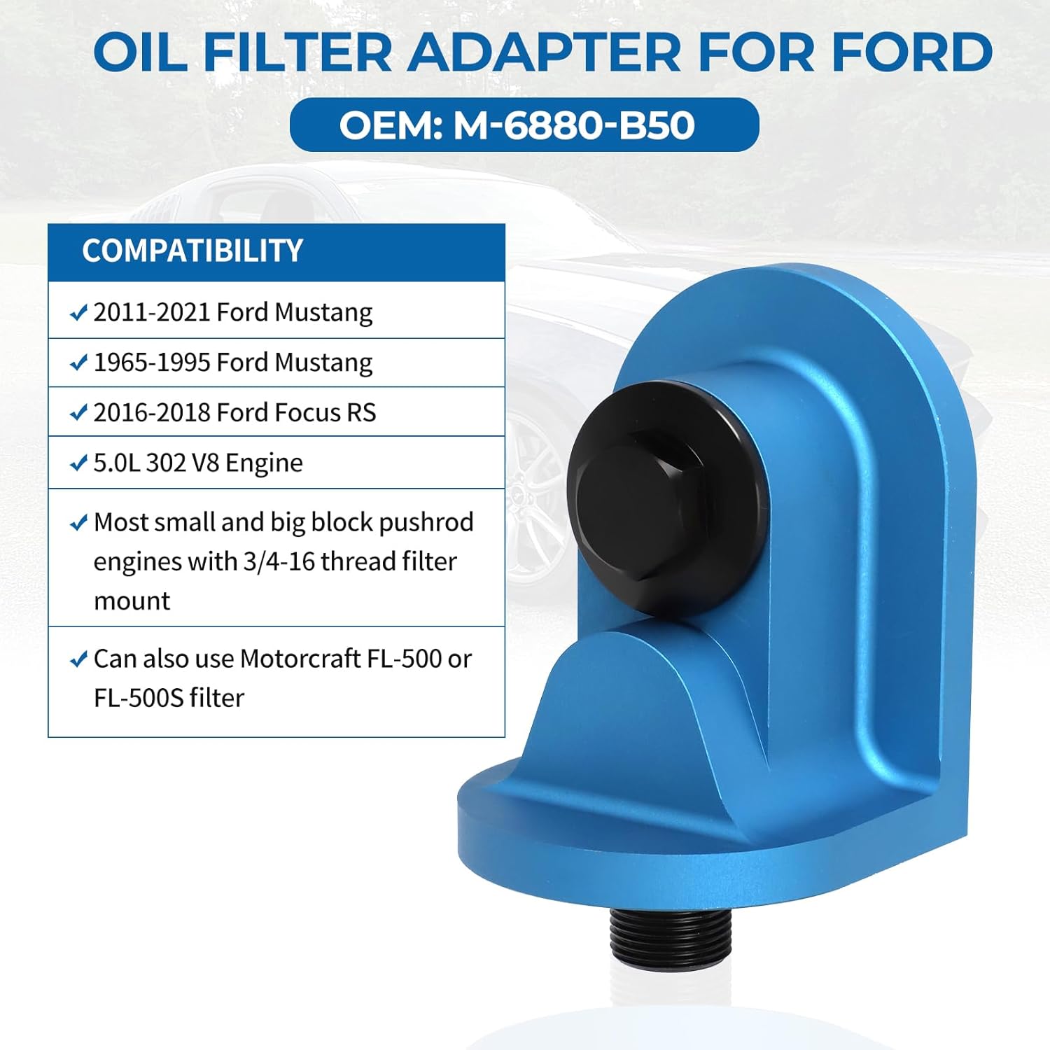 M-6880-B50 90 Degree Billet Oil Filter Adapter for 1965-1995 Mustang 5.0L 302 V8, 2011-2021 Ford Mustang & 2016-2018 Focus RS, Blue