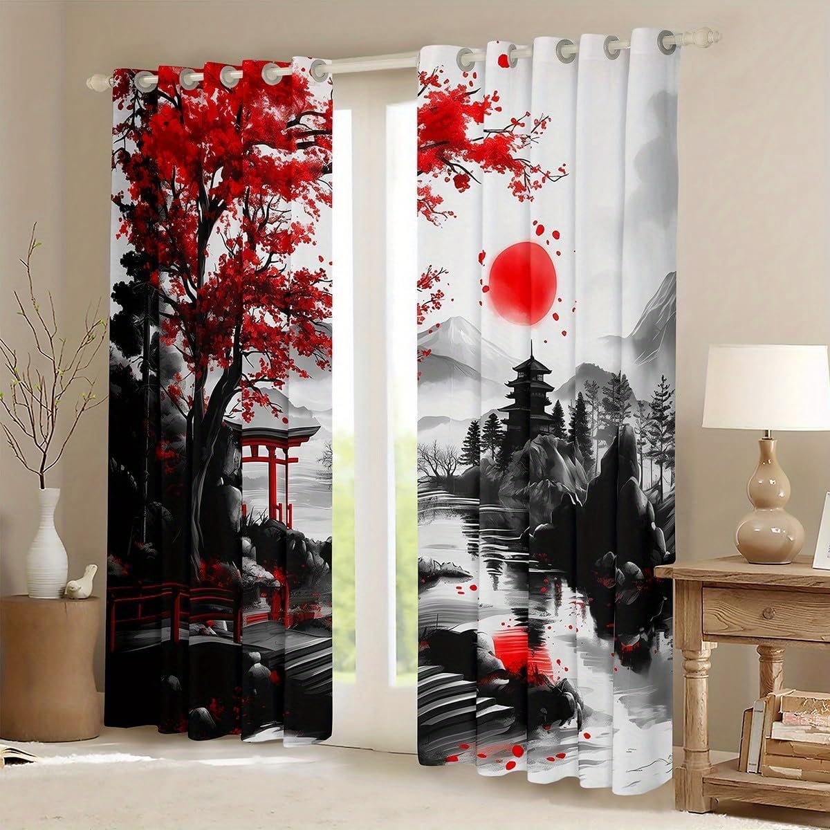 Cortinas de Estilo japonés con Estampado de Paisaje Natural, Opacas, para Sala de Estar o Dormitorio (An x Al:2x132 x 90 cm)