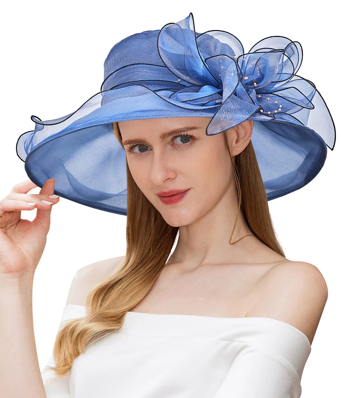 ELLYDOOR Women Kentucky Derby Hat Organza Fascinator Church Hat Bridal Wedding Tea Party Hat Wide Brim Sun Hat, Navy, One Size