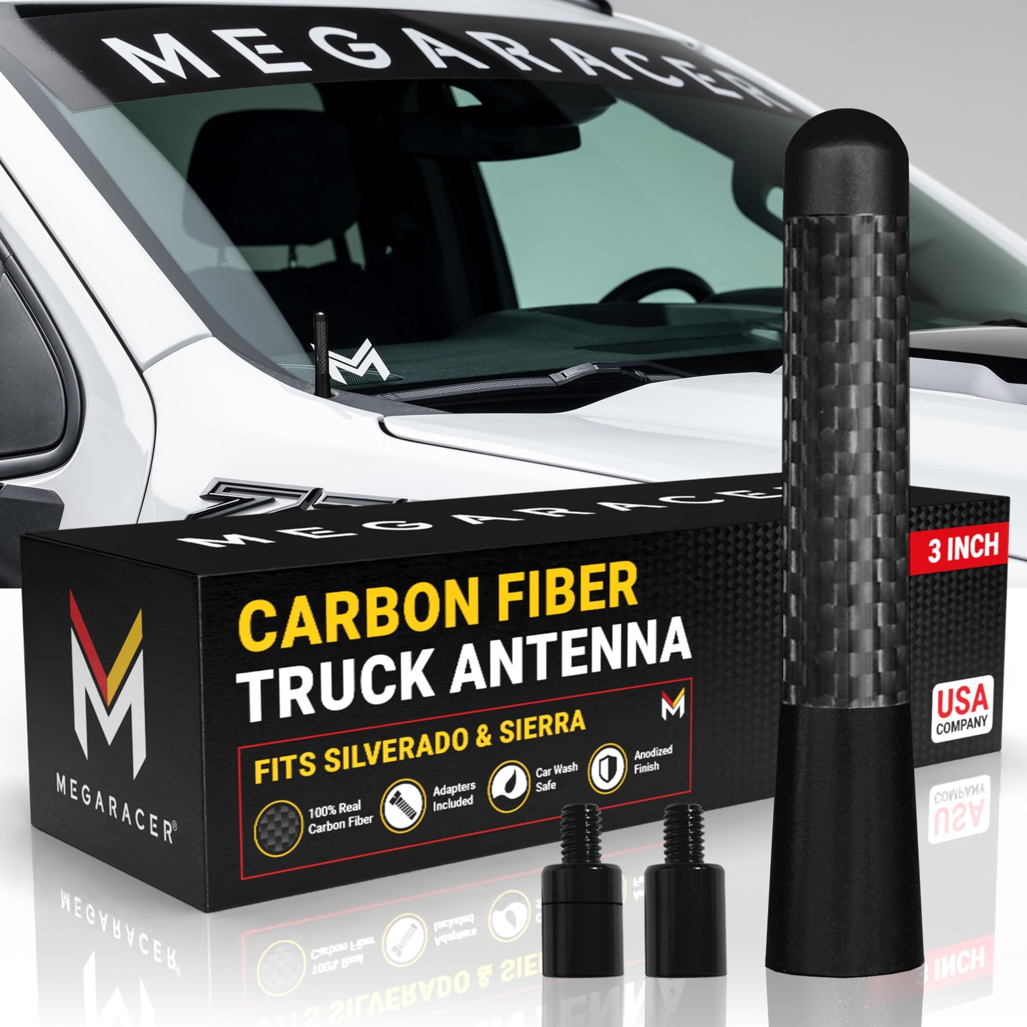 Anodized 3" Short Black Carbon Fiber Truck Antenna for Chevy Silverado & GMC Sierra 1500 2500 (1999-2026) – Billet Aluminum, UV & Chip-Resistant, Car Wash Safe, Small Stubby Replacement Accessories