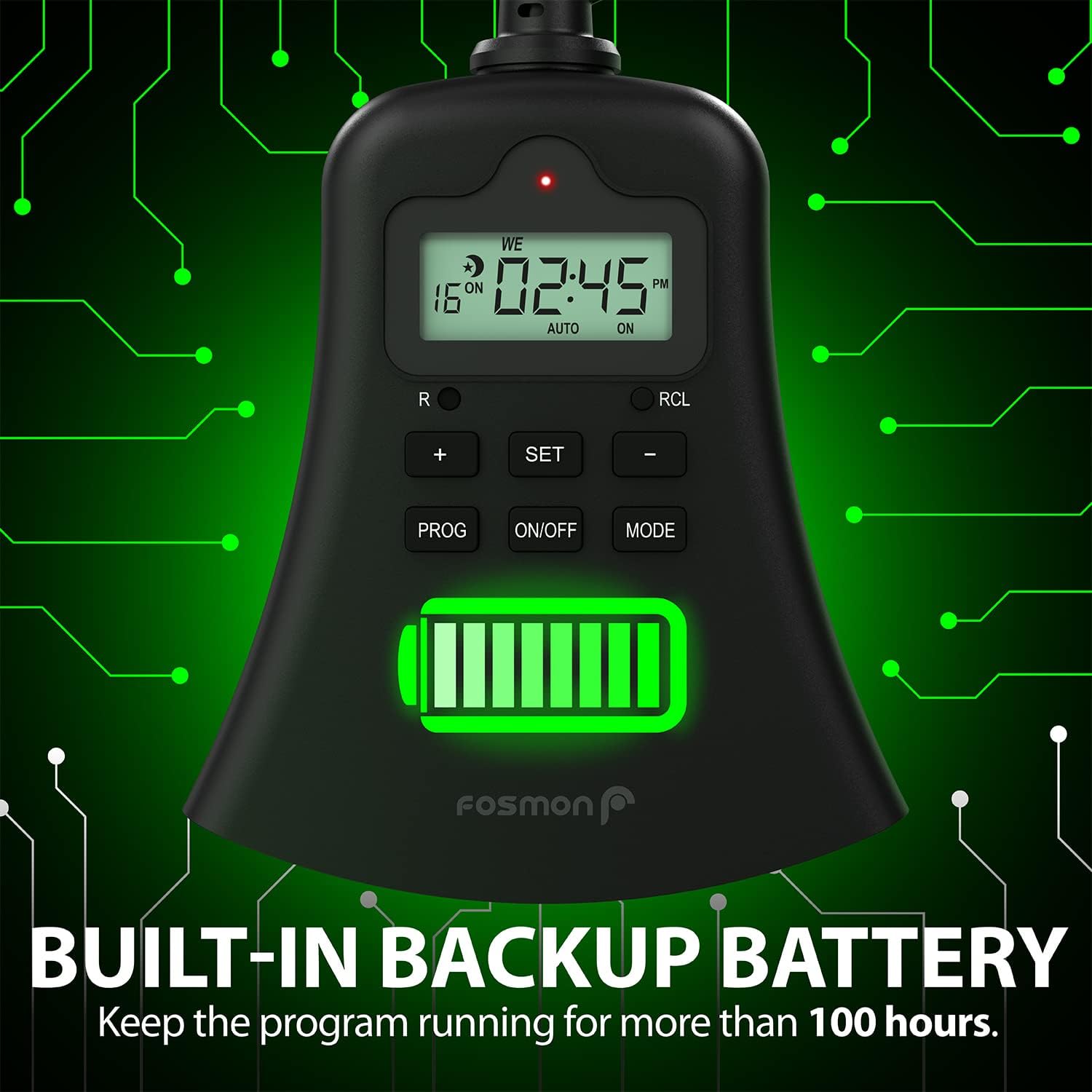 Fosmon timer with a hand pressing the ON/OFF button, illustrating manual control.