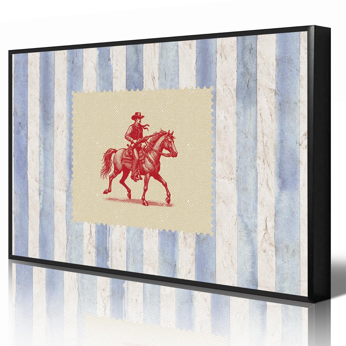 abrtolpffo Cowboy Canvas Wall Art, Western Rodeo Print Poster, Red Cowboy Horse Riding Painting, Blue And White Striped Picture, Mid Century Southwest