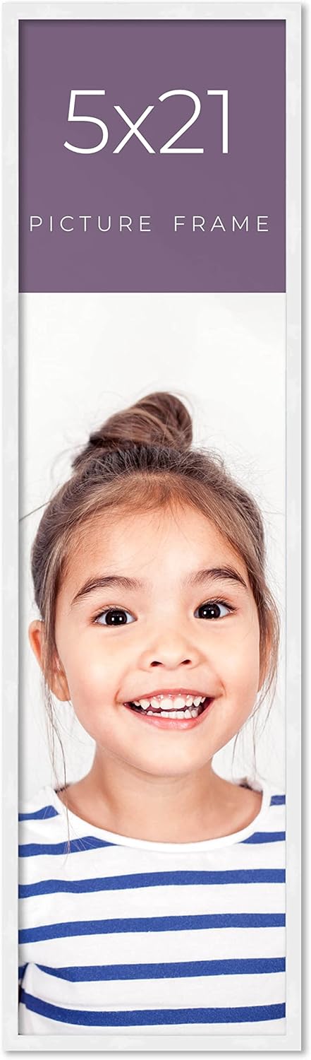 5x21 IN Frame White Real Wood Picture Frame Width 0.75 Inches | Interior Frame Depth 0.5 Inches | Bianca Mid Century Photo Frame Complete with UV Acrylic, Foam Board Backing & Hanging Hardware
