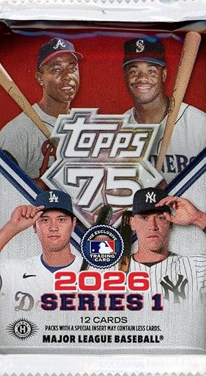 2026 Topps Series 1 Baseball HUGE Factory Sealed HOBBY Foil Pack with (12) Brand New Mint Cards! Celebrate Topps 75th Anniversary! Look for Autos, Relics, Rookies, Parallels, Inserts & Much More!