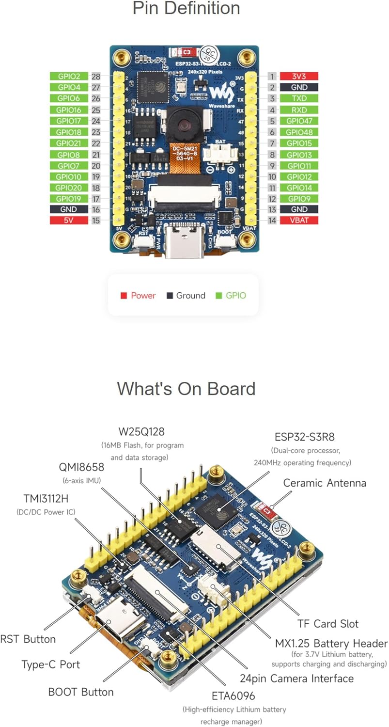 2inch ESP32-S3 Display Development Board, 240x320, IPS, 262K Color, 32-Bit LX7 2-Core Processor, Up to 240MHz Frequency, Support WiFi&BT, OV5640 Camera NOT Included @XYGStudy (ESP32-S3-LCD-2)