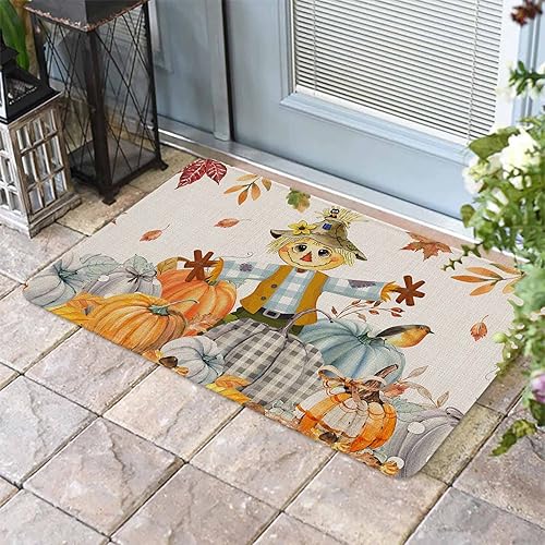 Alfombras de baño de otoño, espantapájaros, calabaza, tapete de esponja, tapete absorbente de hoja de arce de pájaro, antideslizante, lavable,