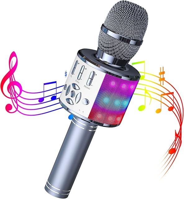 Wowstar Karaoke Wireless Microphone, Bluetooth Handheld Microphones for Kids Adults, Karaoke Mic Speaker Singing Machine with LED Lights, Home KTV Player Support Android & iOS Devices(Space Grey)