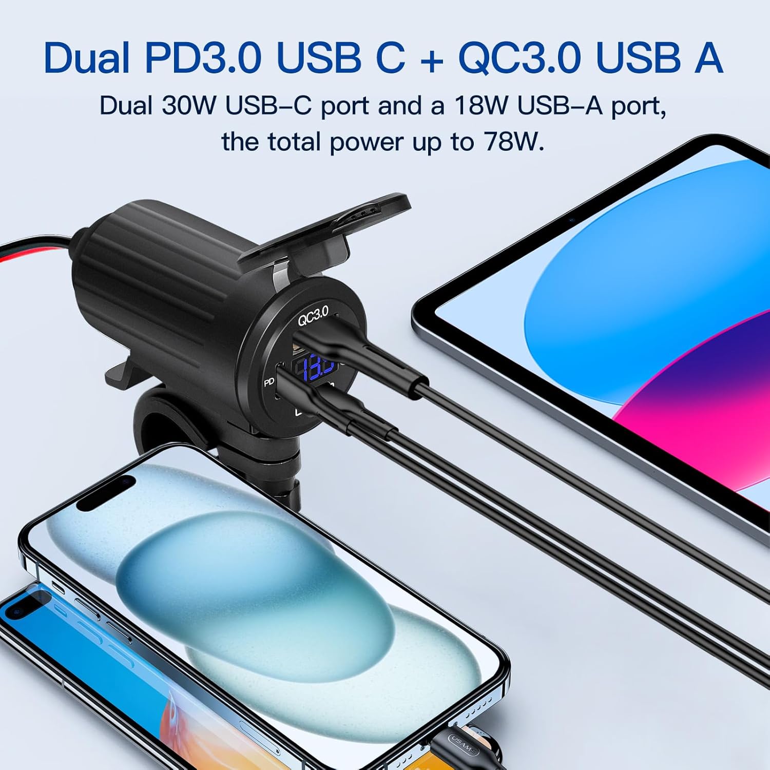 Motorcycle USB Charger for Phone, 3 Ports 78W Dual PD3.0 & QC3.0 Motorcycle Phone Charger with Voltmeter & Switch, Waterproof Motorcycle Accessories 12V USB Outlet for All Cellphone, Tablet, GPS - Image 4