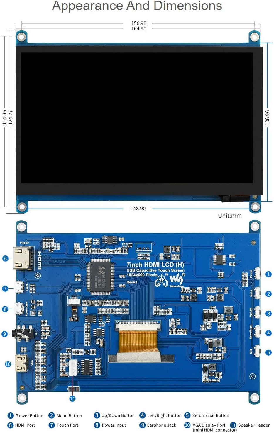 Waveshare 7-inch HDMI LCD Appearance and Dimensions